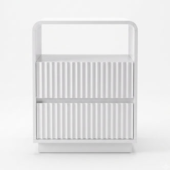 Front view of a white nightstand on a white background with two ribbed drawers and an open shelf.