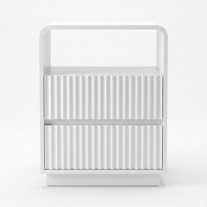 Front view of a white nightstand on a white background with two ribbed drawers and an open shelf.