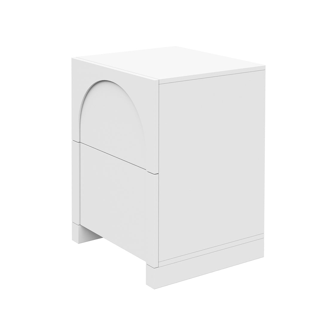 Archen 2 Drawer Arch Detail Bedside Table in White featuring a modern, all-white design with two drawers, a half-moon cut-out handle on the top drawer, and a minimal plinth-style base.