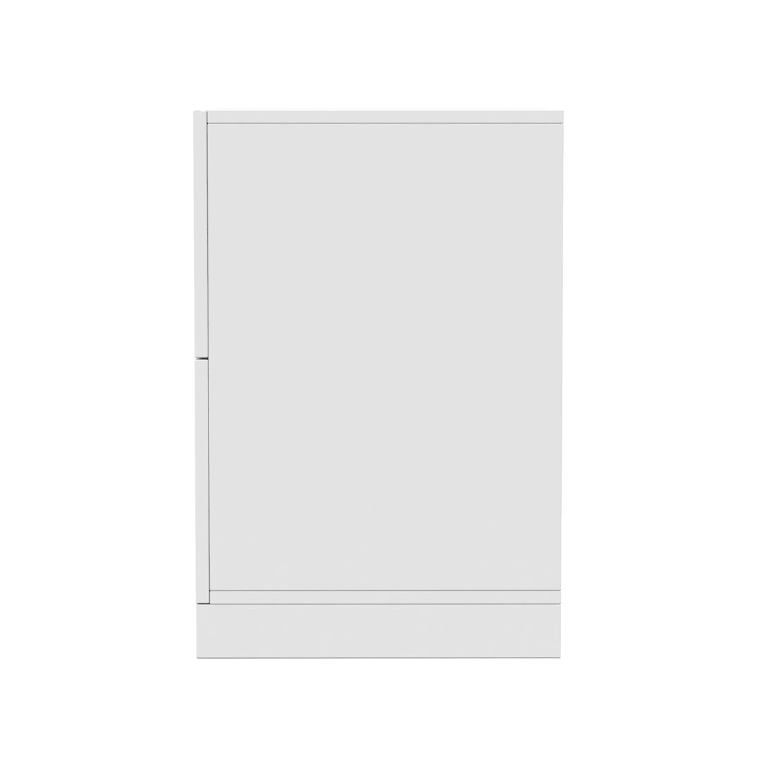 Archen 2 Drawer Arch Detail Bedside Table in White, featuring a sleek, rectangular, smooth panel design with subtle recessed grooves and a vertical seam indicating a drawer or door opening.