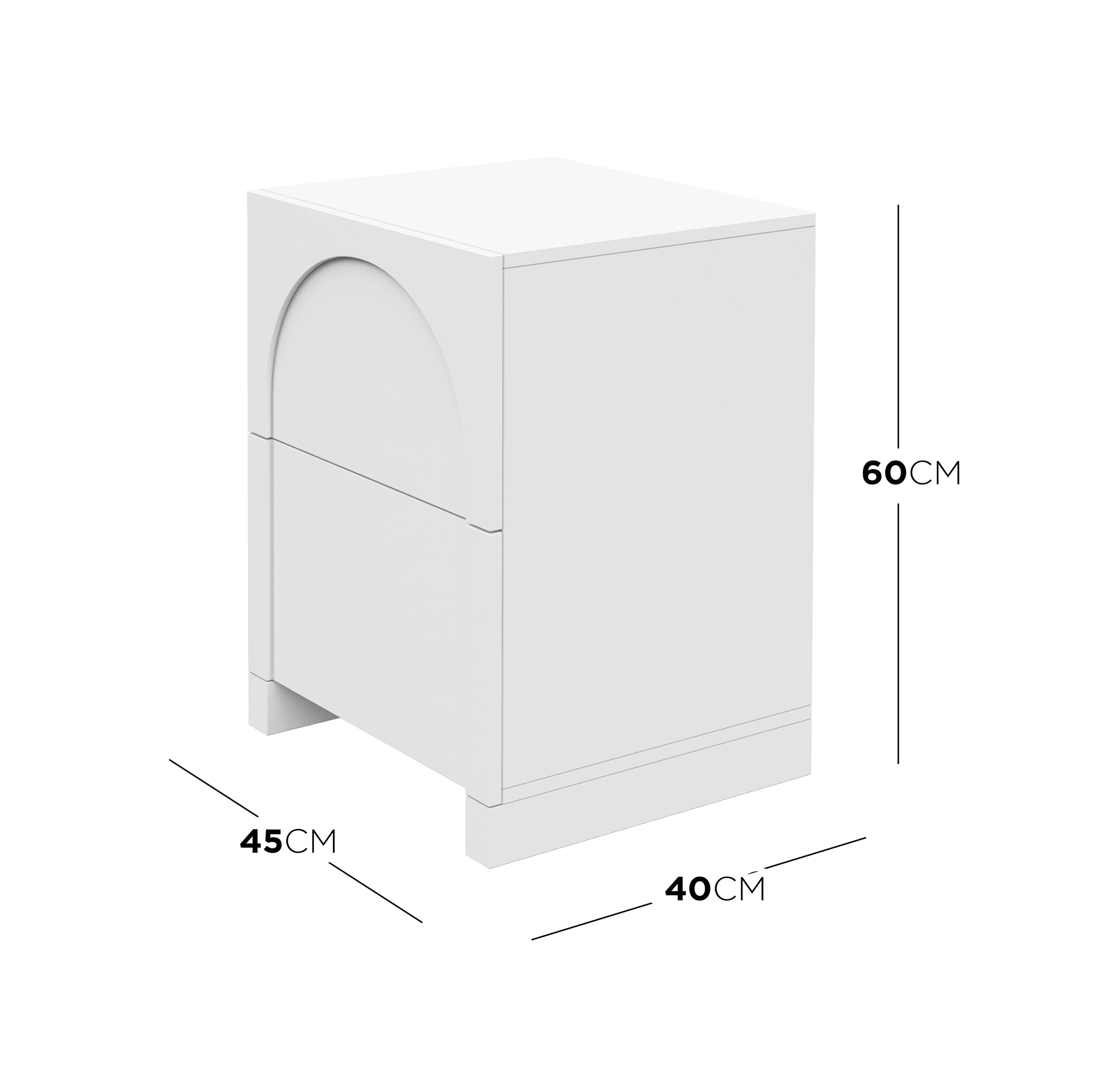 Archen 2 Drawer Arch Detail Bedside Table in White, featuring a minimalist design with subtle arch-cut handles, two drawers, and a low plinth base, measuring 60cm high, 40cm wide, and 45cm deep.