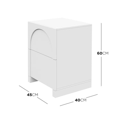 Archen 2 Drawer Arch Detail Bedside Table in White, featuring a minimalist design with subtle arch-cut handles, two drawers, and a low plinth base, measuring 60cm high, 40cm wide, and 45cm deep.