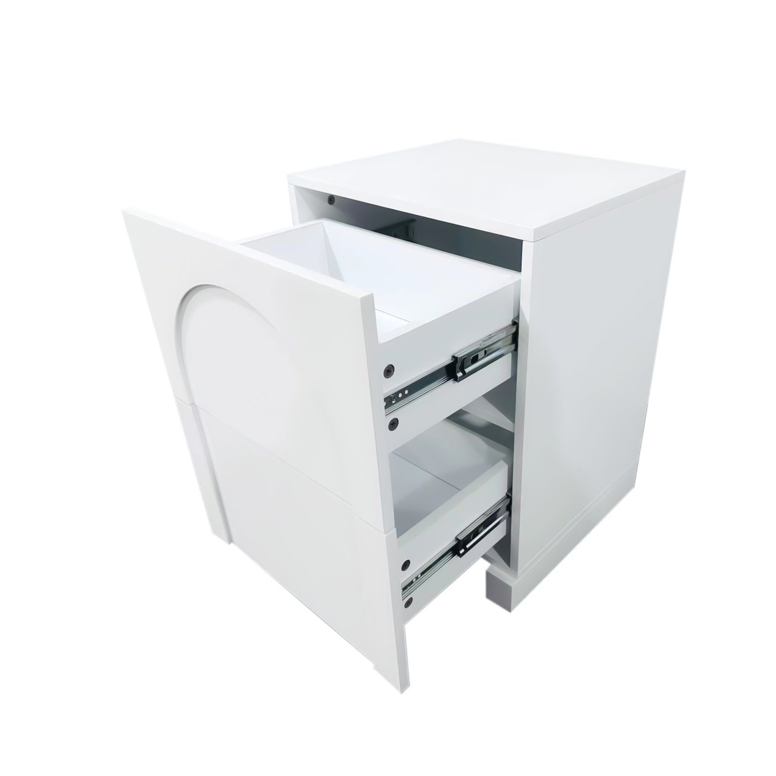 Archen 2 Drawer Arch Detail Bedside Table in White, featuring a sleek design with two partially open drawers, plain fronts, and visible metal hardware, perfect for modern bedroom organization.