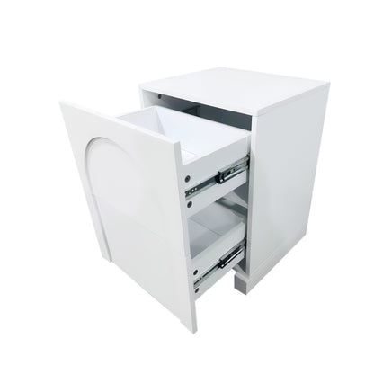 Archen 2 Drawer Arch Detail Bedside Table in White, featuring a sleek design with two partially open drawers, plain fronts, and visible metal hardware, perfect for modern bedroom organization.