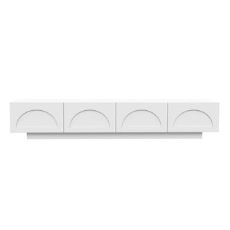 Archen 200cm 4 Drawer Storage TV Entertainment Unit in White, featuring a minimalist design with recessed half-circle handles, mounted on a narrow plinth for a sleek, modern look.