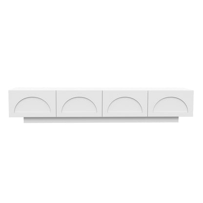 Archen 200cm 4 Drawer Storage TV Entertainment Unit in White, featuring a minimalist design with recessed half-circle handles, mounted on a narrow plinth for a sleek, modern look.