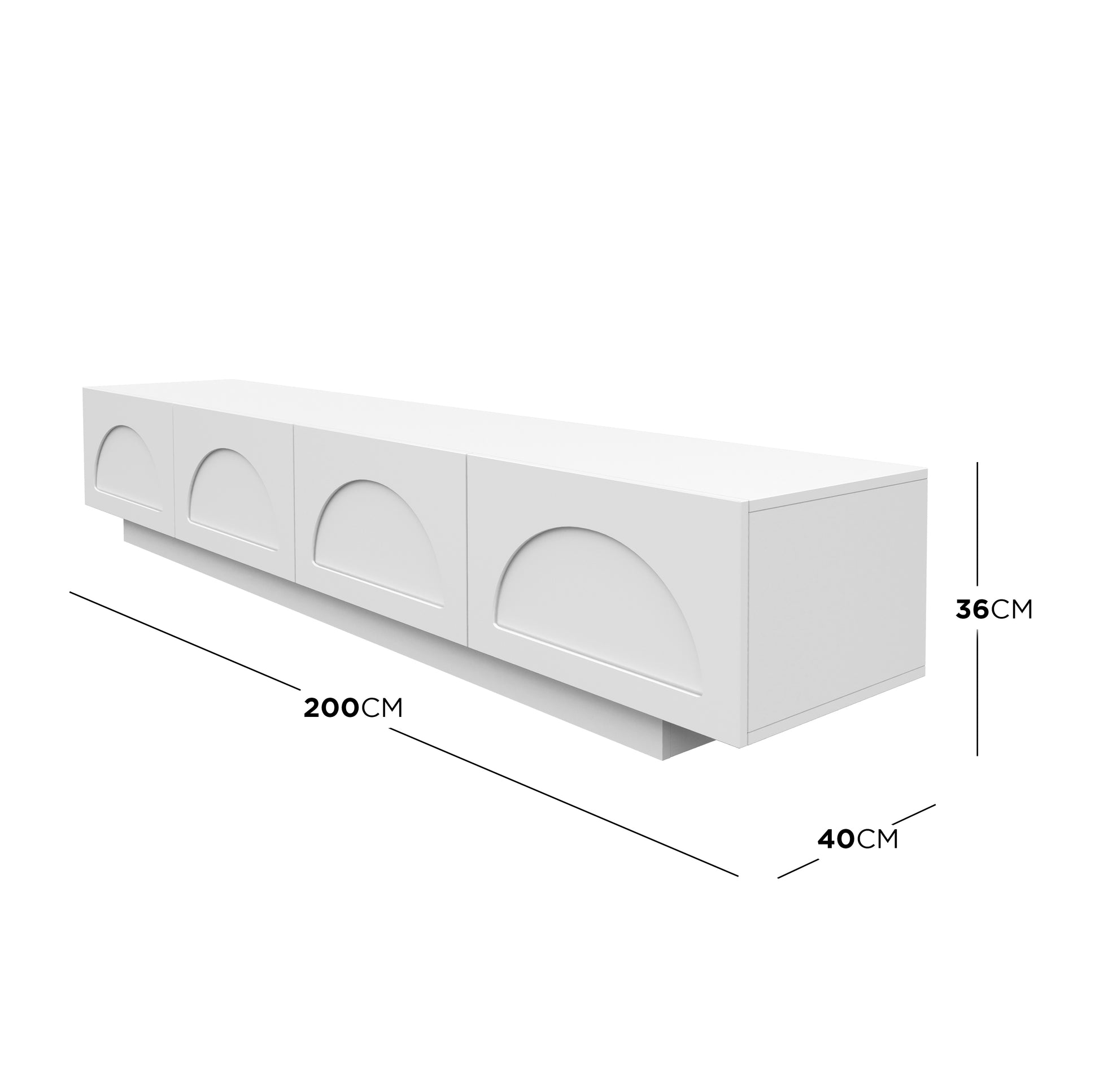 Archen 200cm 4 Drawer Storage TV Entertainment Unit in White, featuring a sleek wall-mounted design with matte finish, four semi-circular paneled cabinet doors, and a slim base for a floating effect.