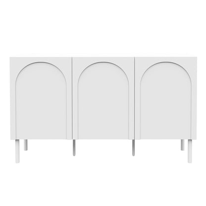 Archen Bedroom & Living Room Storage Package in White: A minimalist white sideboard with three arched doors on slim cylindrical legs, showcasing sleek, modern design and ample storage for versatile home organization.