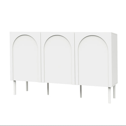 Archen Bedroom & Living Room Storage Package in White: A minimalist storage cabinet with three recessed arch panels and slender legs, ideal for stylish organization in modern living spaces.