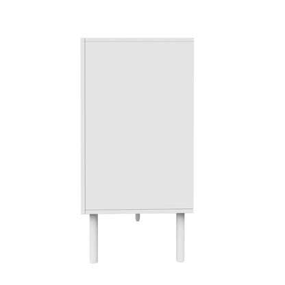 Archen Bedroom & Living Room Storage Package in White features a modern, tall freestanding cabinet with a plain front door, set on two cylindrical legs, ideal for sleek storage solutions.