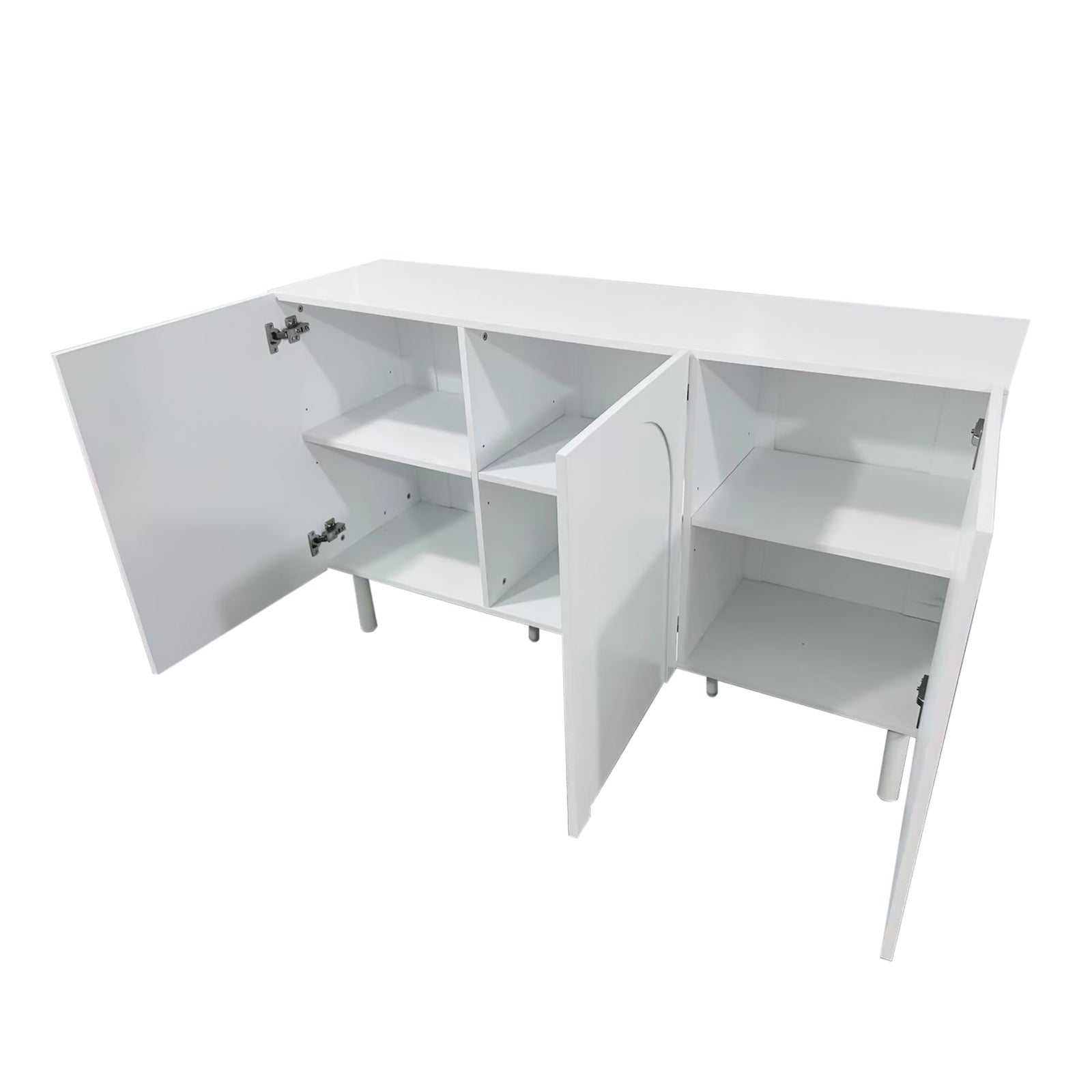 Archen Bedroom & Living Room Storage Package in White features a plain white storage cabinet with three doors, revealing empty internal shelving and cubby compartments, on short cylindrical legs.