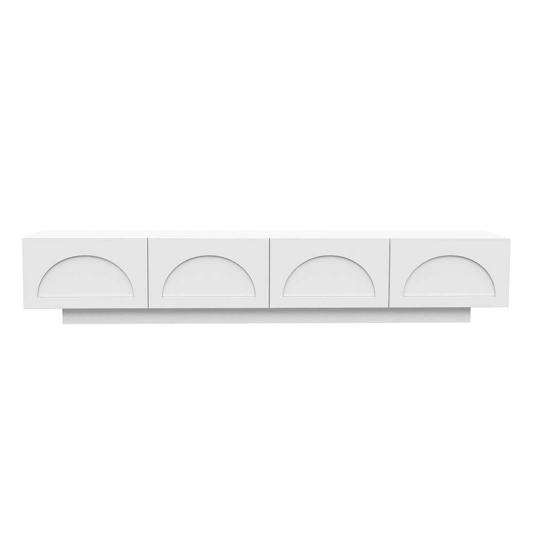 Archen Bedroom & Living Room Storage Package in White, featuring a sleek wall-mounted media console with four compartments, each with a semicircular arch detail, appearing to float on a hidden mount.