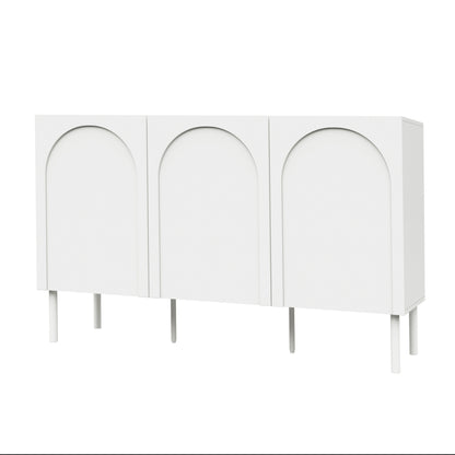 Archen 140cm 3 Door Storage Buffet Sideboard in White, featuring recessed arch-shaped panel doors, slim cylindrical legs, and a minimalist design, ideal for organizing living room or dining area essentials.