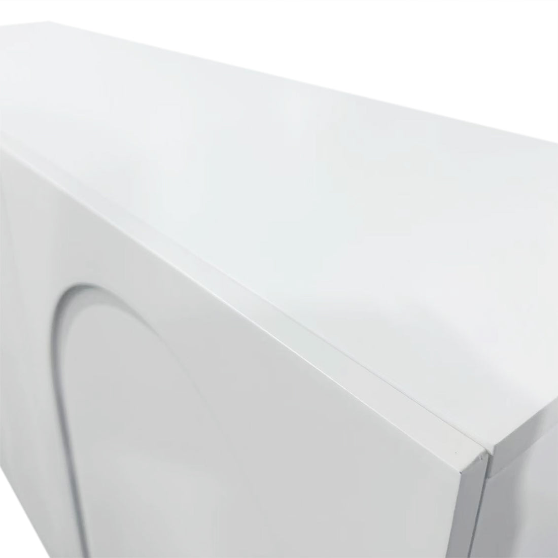 Close-up of the Archen 140cm 3 Door Storage Buffet Sideboard in White, showcasing its sleek, curved side panel design indicative of modern craftsmanship and sturdy construction.