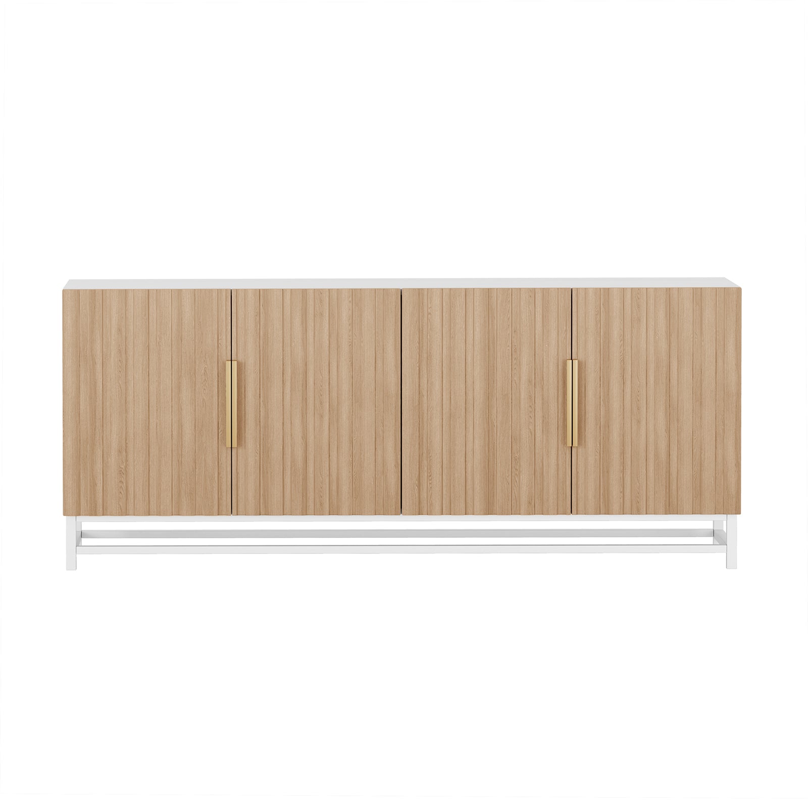 Argus 180cm Fluted Storage Buffet Sideboard in Natural features a light wood finish, four paneled doors with vertical slats, slim gold-tone handles, and a white metal frame base.