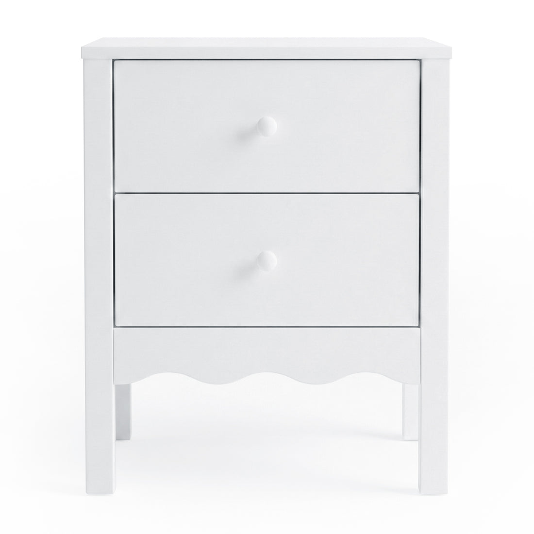 White two-drawer nightstand on a plain white background, full view