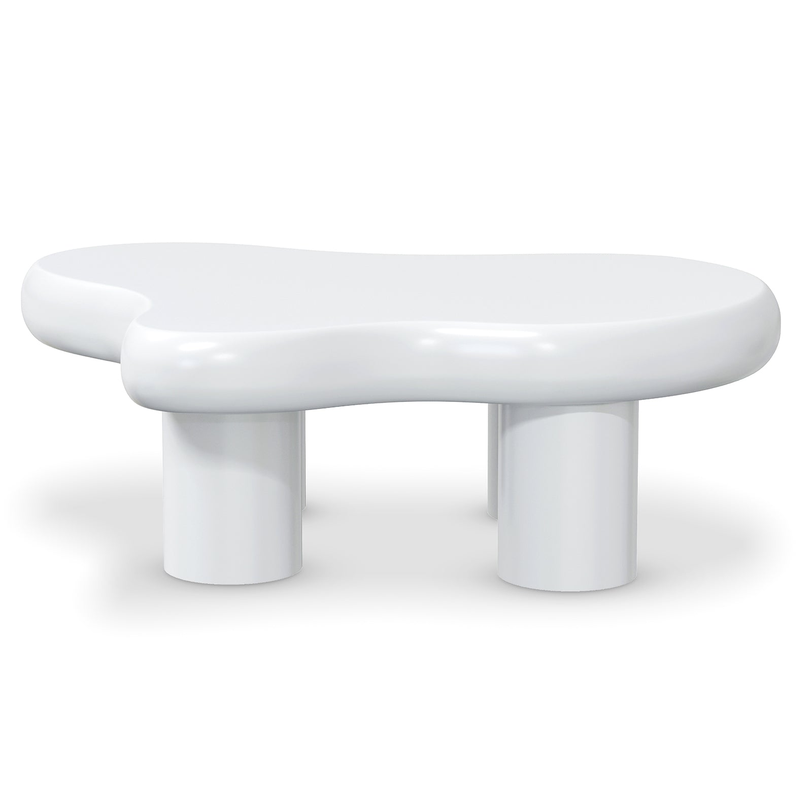 Blissey 90cm Organic Curved Cloud Coffee Table in White features nesting tables with glossy, blob-shaped tops and short cylindrical pedestal legs, offering a sculptural, contemporary look for modern living rooms.