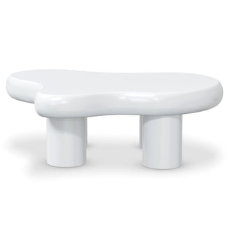 Blissey 90cm Organic Curved Cloud Coffee Table in White features nesting tables with glossy, blob-shaped tops and short cylindrical pedestal legs, offering a sculptural, contemporary look for modern living rooms.