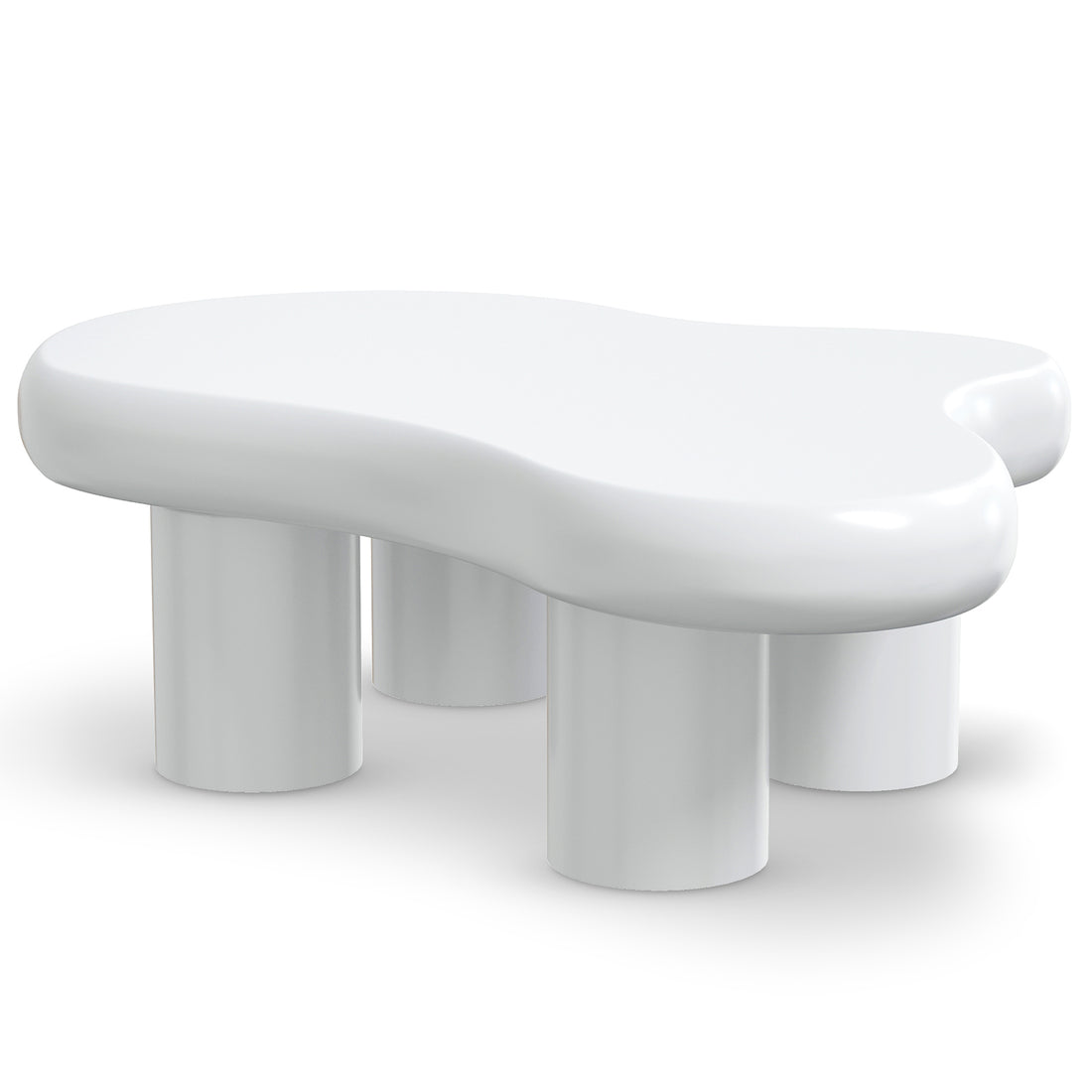 Blissey 90cm Organic Curved Cloud Coffee Table in White, featuring a sleek, blobby-shaped top and four cylindrical legs, offering a seamless, glossy finish for modern living spaces.