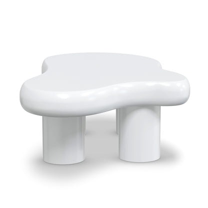 Blissey 90cm Organic Curved Cloud Coffee Table in White features a glossy, amoeba-like top and four short cylindrical legs, showcasing minimalist design and modern elegance in a sculptural form.