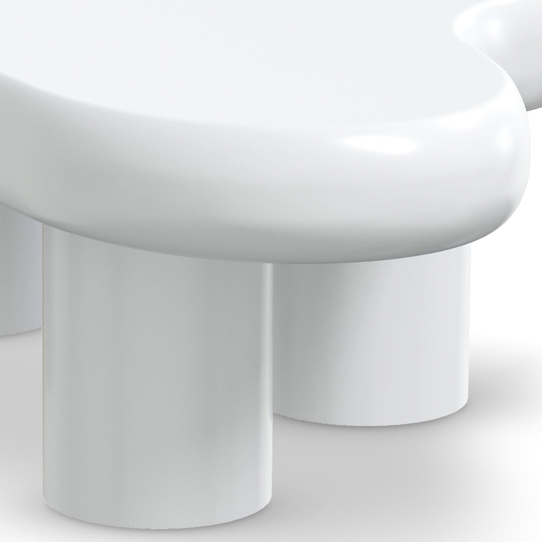 Blissey 90cm Organic Curved Cloud Coffee Table in White, features a glossy, cloud-shaped top supported by thick cylindrical pedestals, embodying modern elegance and durability for contemporary living spaces.