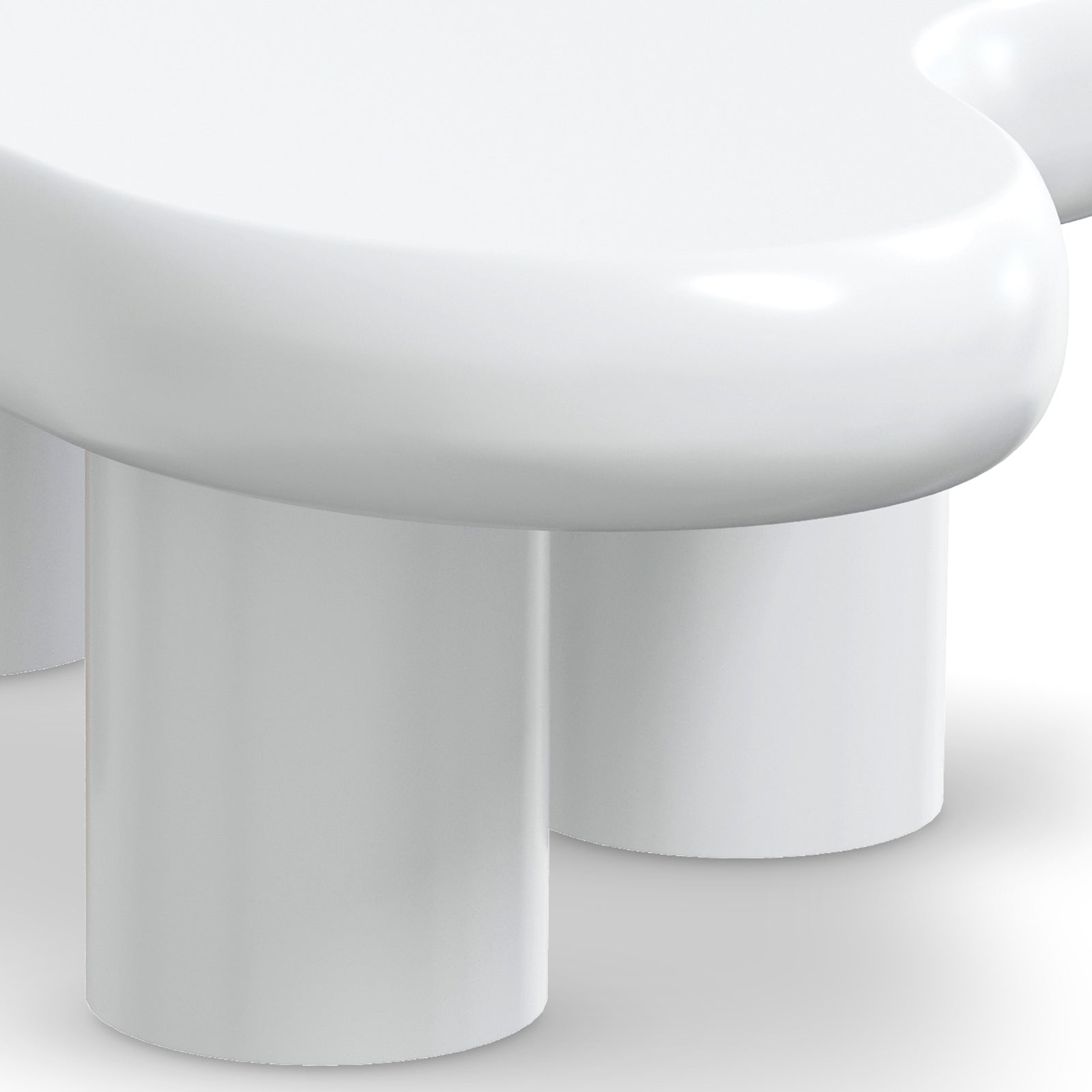 Blissey 90cm Organic Curved Cloud Coffee Table in White, features a glossy, cloud-shaped top supported by thick cylindrical pedestals, embodying modern elegance and durability for contemporary living spaces.