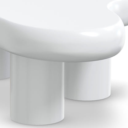 Blissey 90cm Organic Curved Cloud Coffee Table in White, features a glossy, cloud-shaped top supported by thick cylindrical pedestals, embodying modern elegance and durability for contemporary living spaces.