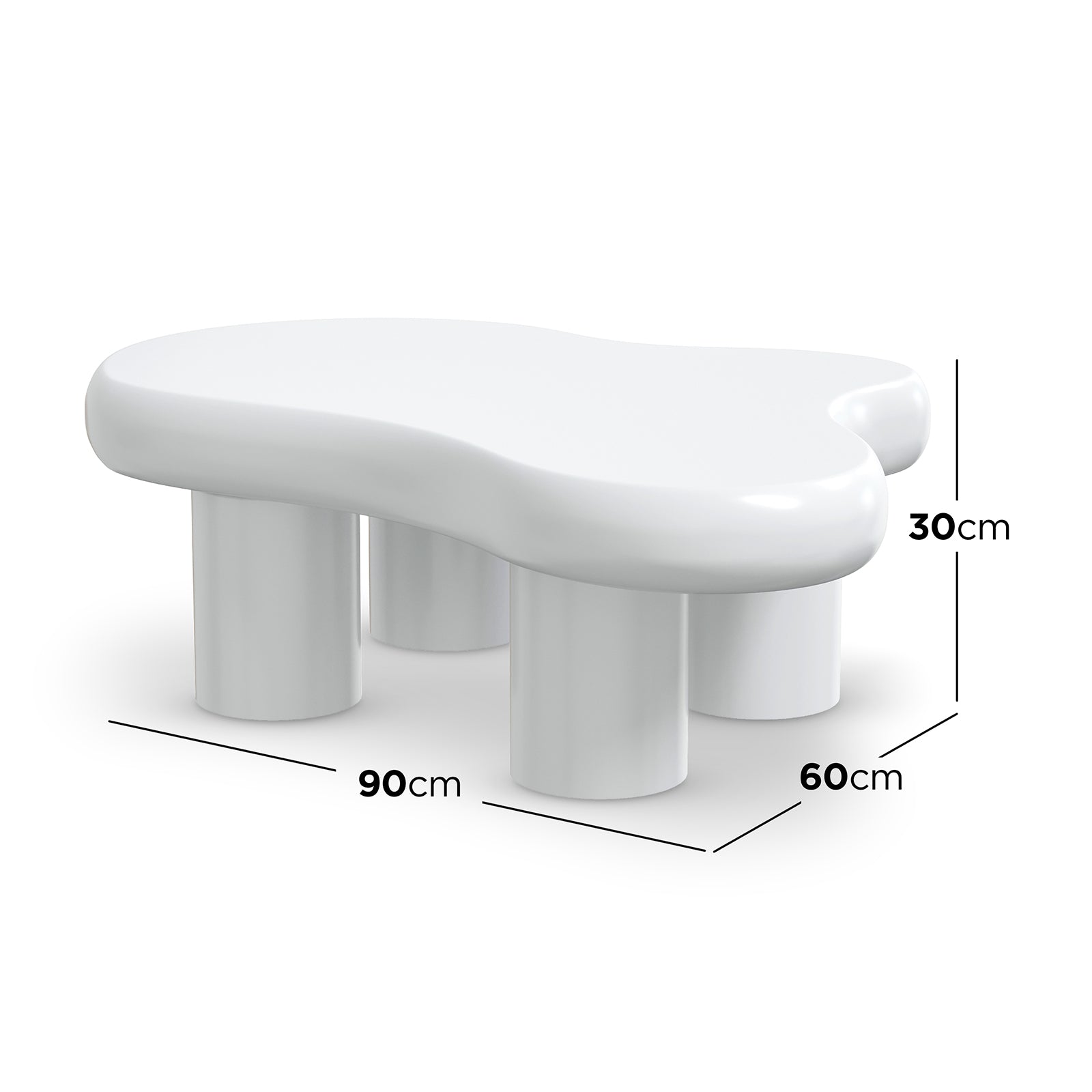 Blissey 90cm Organic Curved Cloud Coffee Table in White features a glossy, irregular top and five short cylindrical legs, offering a modern, elegant look perfect for contemporary living rooms.