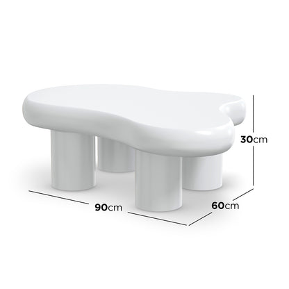Blissey 90cm Organic Curved Cloud Coffee Table in White features a glossy, irregular top and five short cylindrical legs, offering a modern, elegant look perfect for contemporary living rooms.