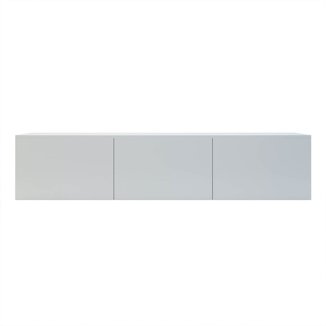 Luxo Bryan Floating Entertainment Unit in Pure White, showcasing a sleek, modern design with three handle-less cabinets. Ideal for tidy cable management and stylishly displaying gaming consoles and decor.