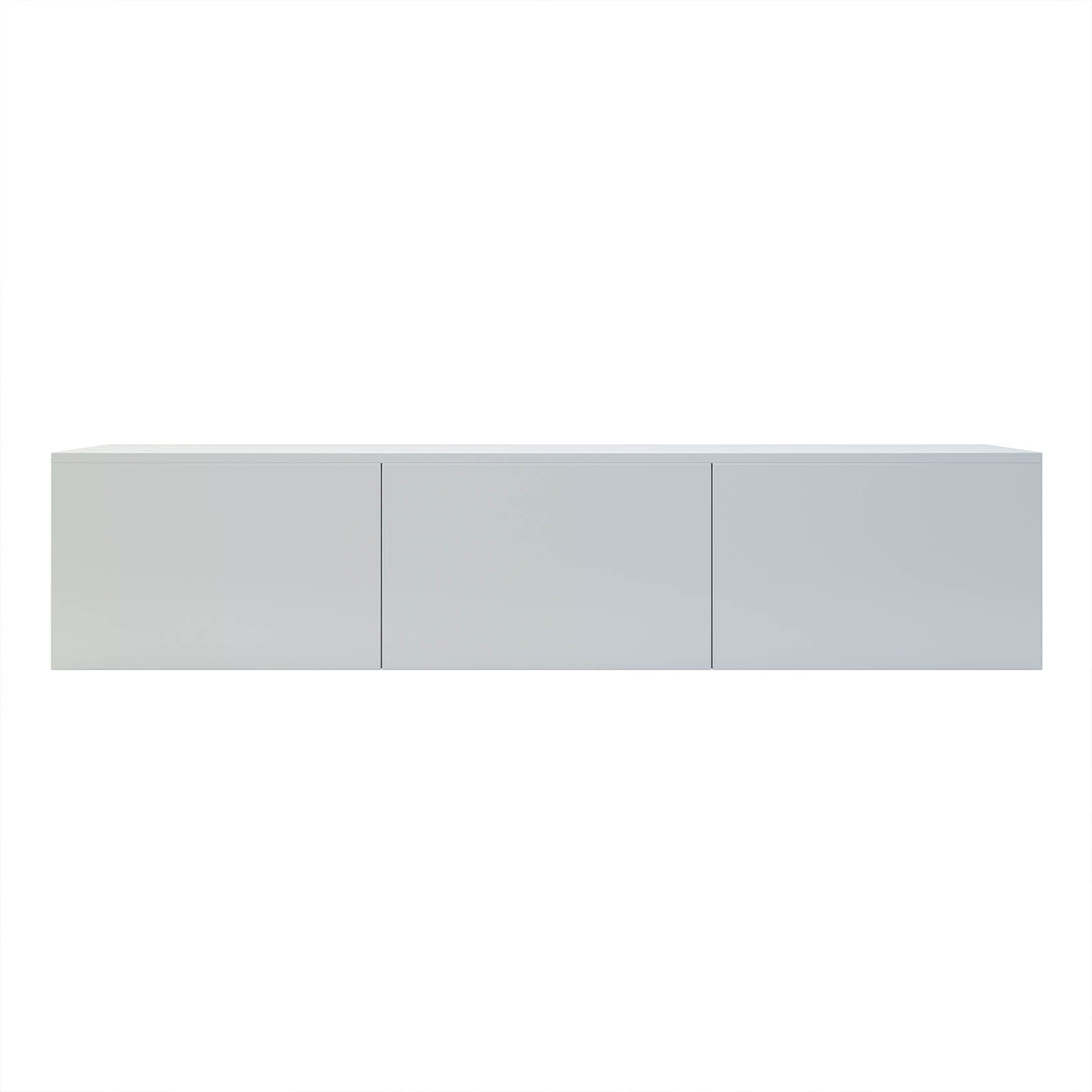 Luxo Bryan Floating Entertainment Unit in Pure White, showcasing a sleek, modern design with three handle-less cabinets. Ideal for tidy cable management and stylishly displaying gaming consoles and decor.