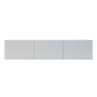 Luxo Bryan Floating Entertainment Unit in Pure White, showcasing a sleek, modern design with three handle-less cabinets. Ideal for tidy cable management and stylishly displaying gaming consoles and decor.