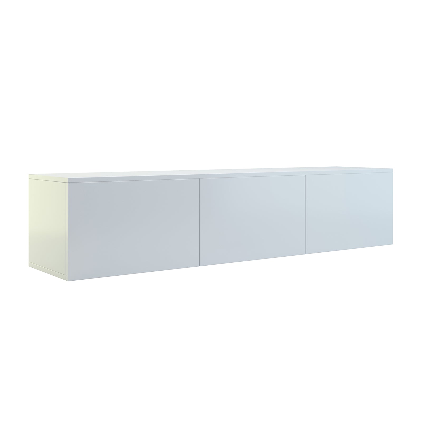 Luxo Bryan Floating Entertainment Unit – Pure White, features a sleek, wall-mounted design with three handle-less cabinets for storage, emphasizing modern style and functionality in a compact entertainment setup.
