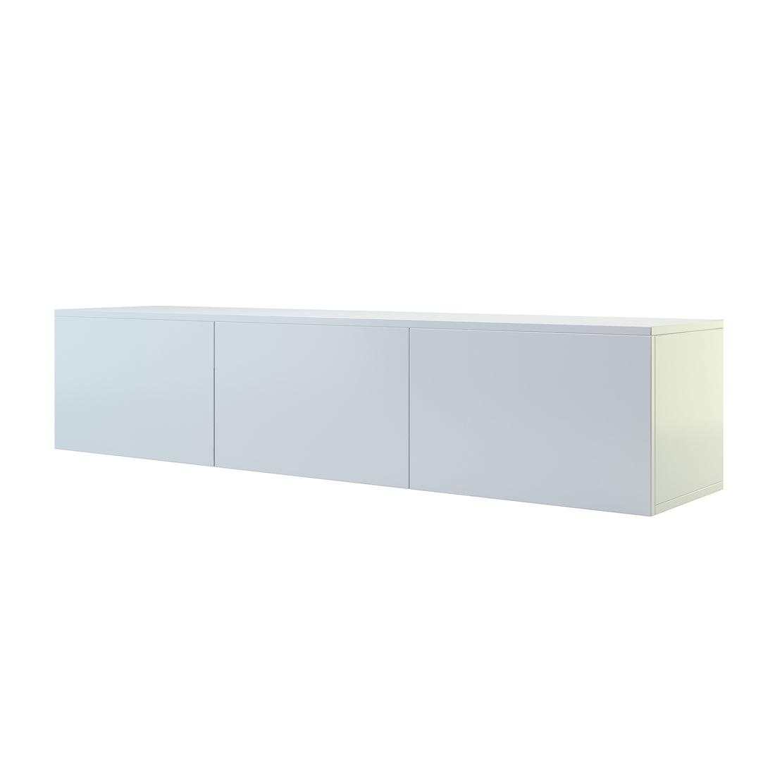 Luxo Bryan Floating Entertainment Unit – Pure White features a sleek, wall-mounted design with three large handle-less cabinets, offering modern storage for gaming consoles and decor, enhancing any room's style.