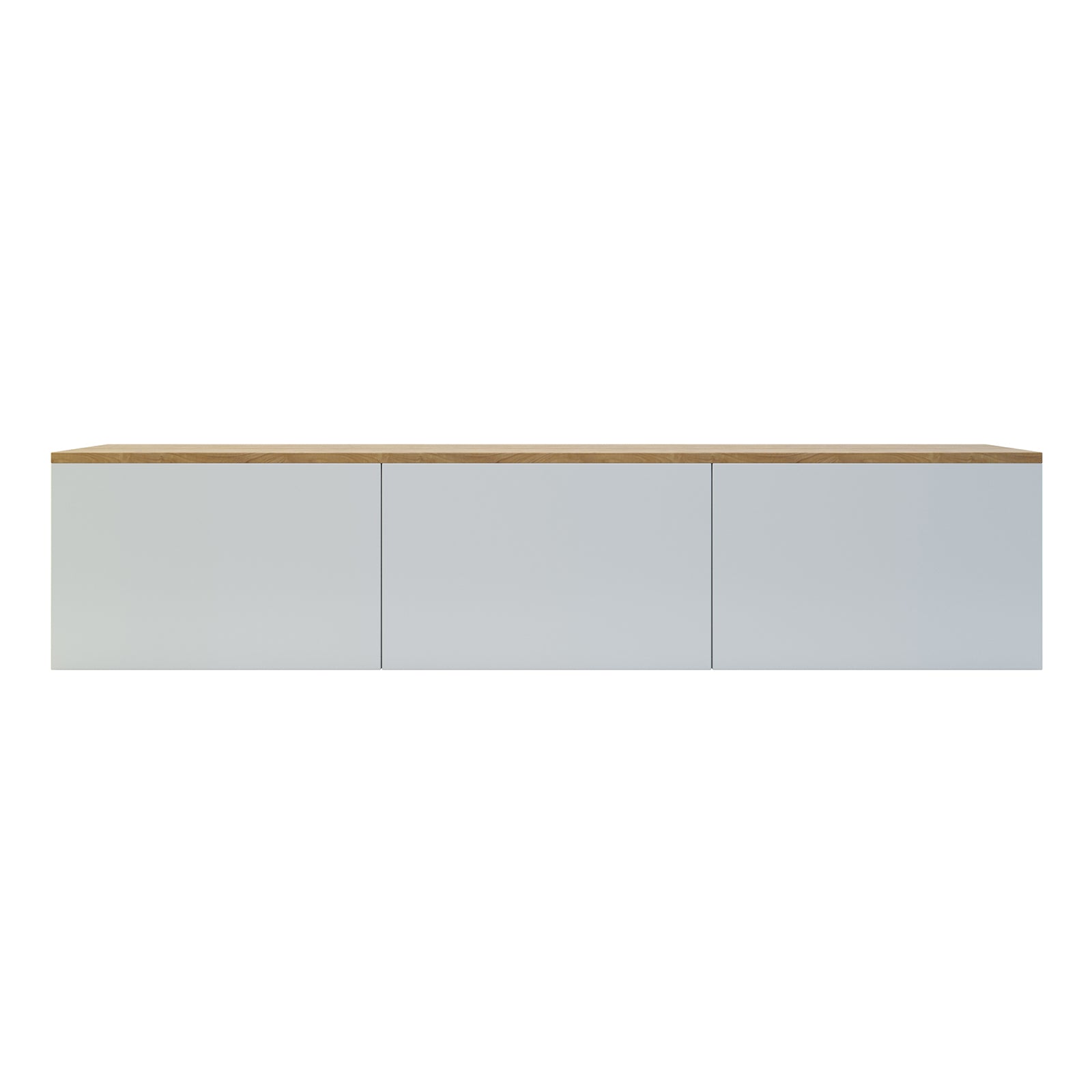Luxo Bryan Floating Entertainment Unit – White Natural, featuring a sleek, wall-mounted design with wooden frame, three spacious handle-less cabinets, and built-in cable management for a tidy, modern living space.