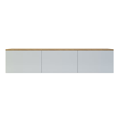 Luxo Bryan Floating Entertainment Unit – White Natural, featuring a sleek, wall-mounted design with wooden frame, three spacious handle-less cabinets, and built-in cable management for a tidy, modern living space.