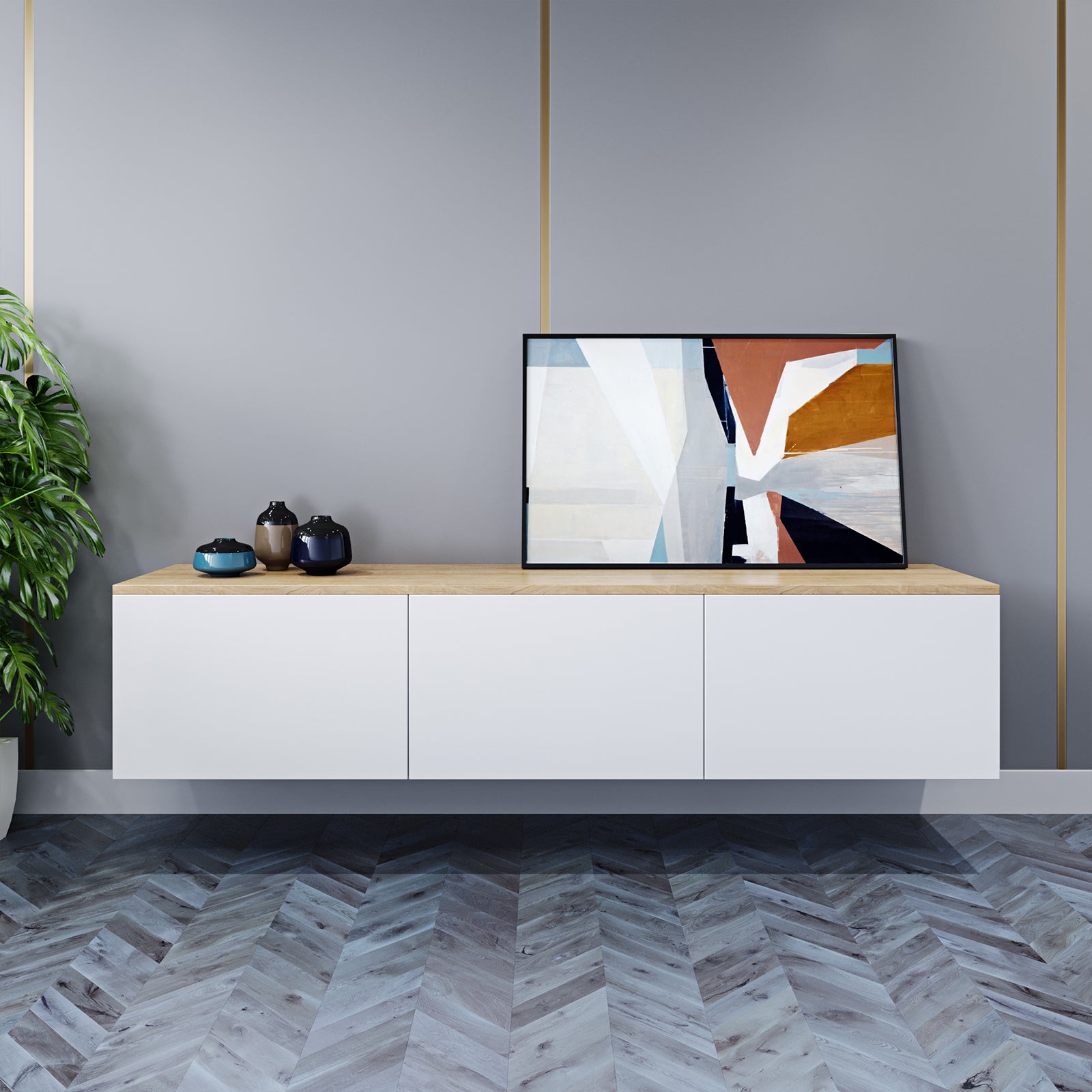 Luxo Bryan Floating Entertainment Unit – White Natural, showcasing its sleek, wall-mounted design with three spacious handle-less cabinets, ideal for organizing entertainment essentials and managing cables in a stylish, modern setup.