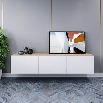 Luxo Bryan Floating Entertainment Unit – White Natural, showcasing its sleek, wall-mounted design with three spacious handle-less cabinets, ideal for organizing entertainment essentials and managing cables in a stylish, modern setup.