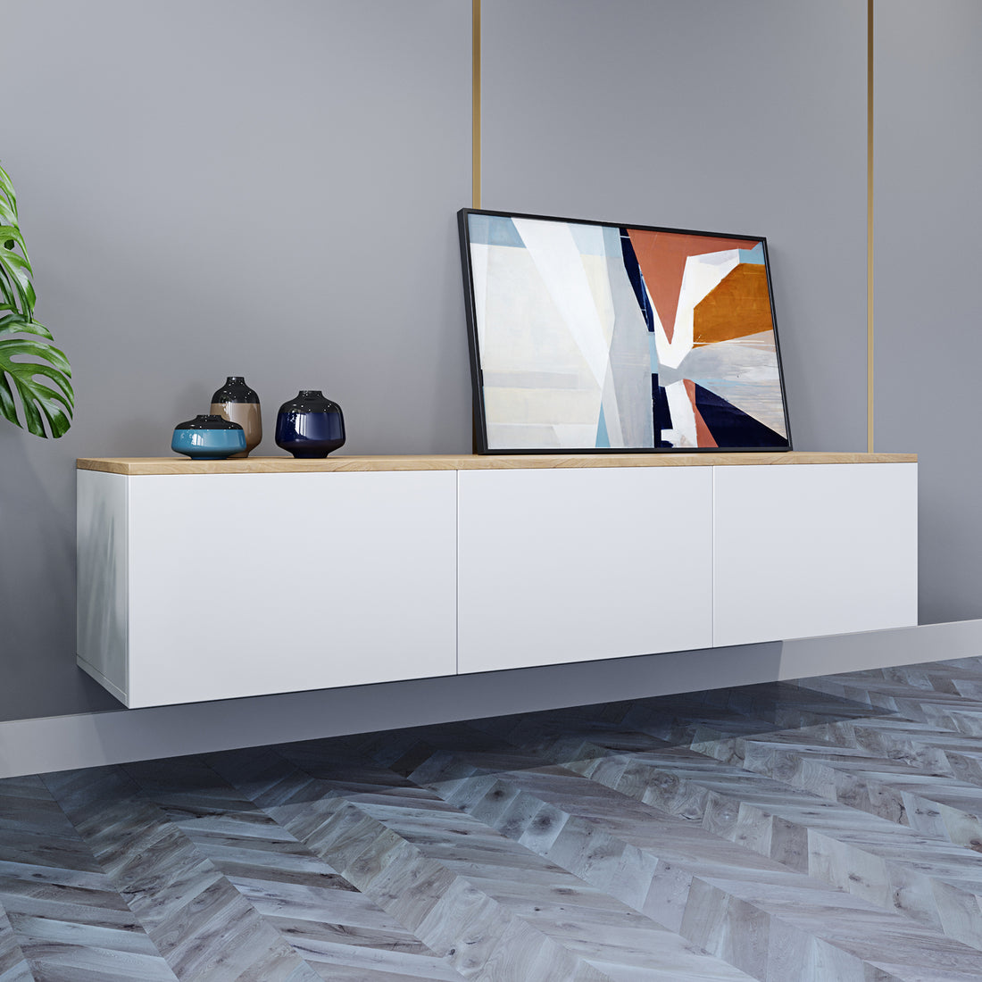 Luxo Bryan Floating Entertainment Unit – White Natural, featuring a sleek, wall-mounted design with three handle-less cabinets for organized storage, enhancing modern interiors with its minimalist style and built-in cable management.