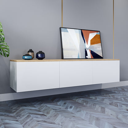 Luxo Bryan Floating Entertainment Unit – White Natural, featuring a sleek, wall-mounted design with three handle-less cabinets for organized storage, enhancing modern interiors with its minimalist style and built-in cable management.