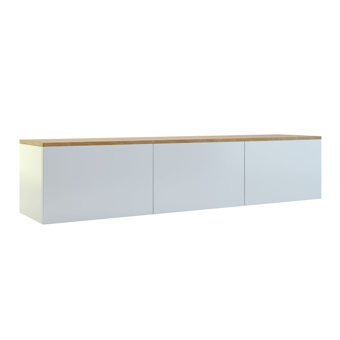 Luxo Bryan Floating Entertainment Unit – White Natural, showcasing its sleek, wall-mounted design with a wooden top and three spacious, handle-less cabinets for organized storage and built-in cable management.