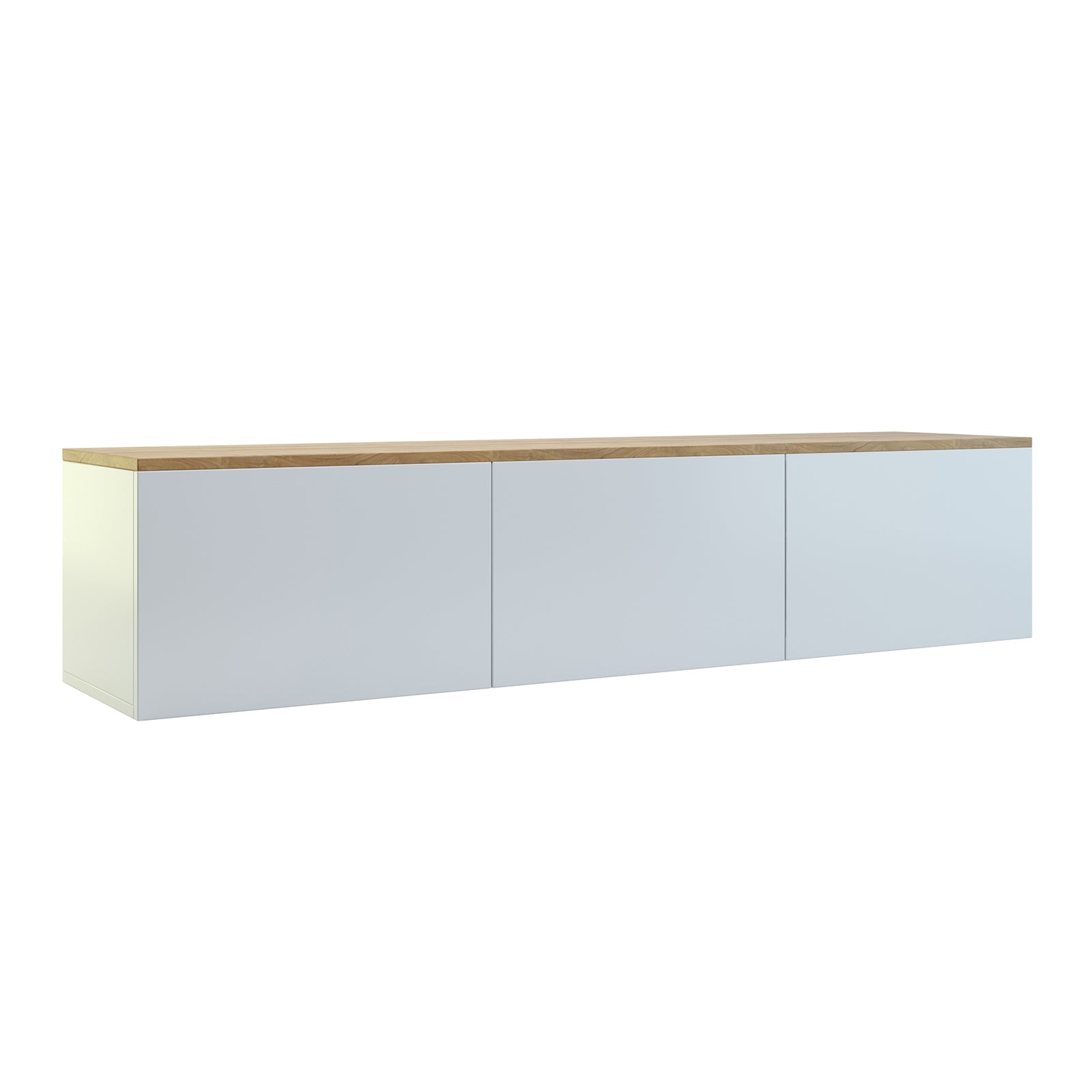 Luxo Bryan Floating Entertainment Unit – White Natural, showcasing its sleek, wall-mounted design with a wooden top and three spacious, handle-less cabinets for organized storage and built-in cable management.