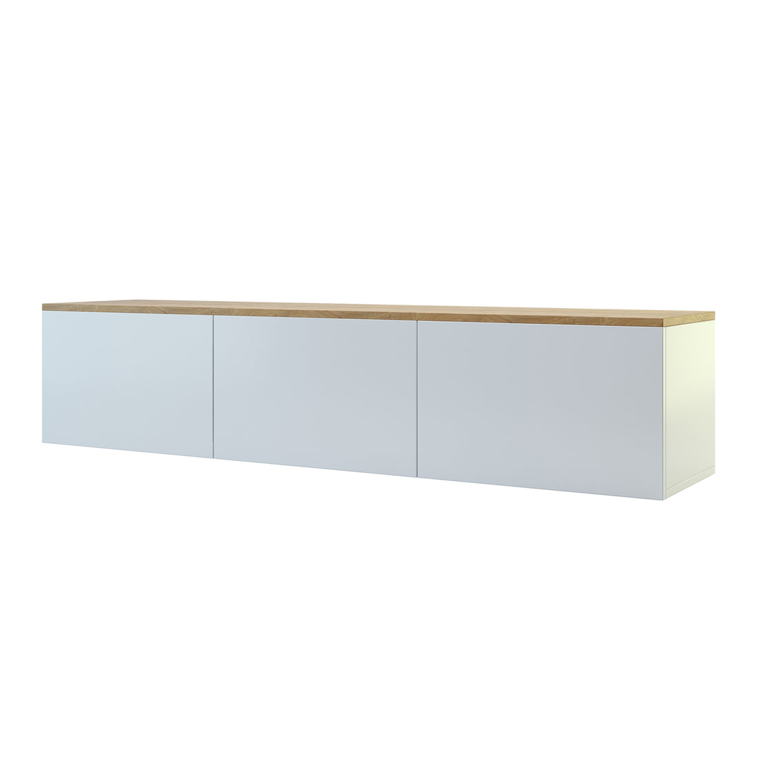 Luxo Bryan Floating Entertainment Unit – White Natural, featuring a sleek design with wooden accents, three handle-less cabinets, and cable management, showcasing its modern aesthetics and functionality for organized living spaces.