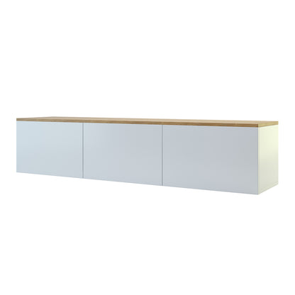 Luxo Bryan Floating Entertainment Unit – White Natural, featuring a sleek design with wooden accents, three handle-less cabinets, and cable management, showcasing its modern aesthetics and functionality for organized living spaces.