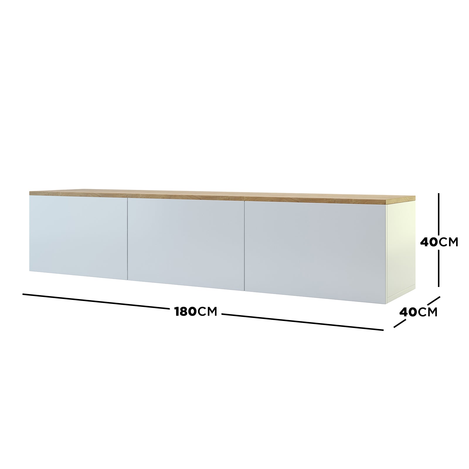 Luxo Bryan Floating Entertainment Unit – White Natural, featuring a sleek, wall-mounted design with three handle-less cabinets and a wooden-edged white board, ideal for tidy cable management and modern storage solutions.