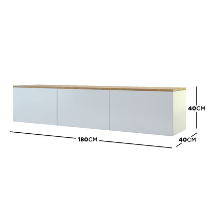 Luxo Bryan Floating Entertainment Unit – White Natural, featuring a sleek, wall-mounted design with three handle-less cabinets and a wooden-edged white board, ideal for tidy cable management and modern storage solutions.