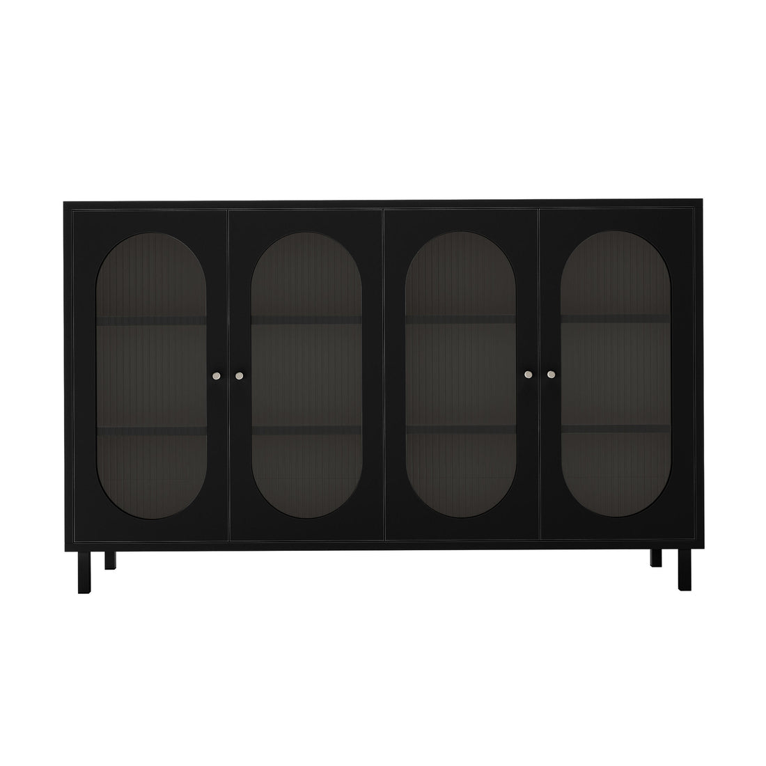 Cambria 150cm Fluted Glass Buffet Cabinet - Black features a modern design with four doors, oval-shaped tinted glass insets, small round knobs, and short square legs, offering spacious interior storage.