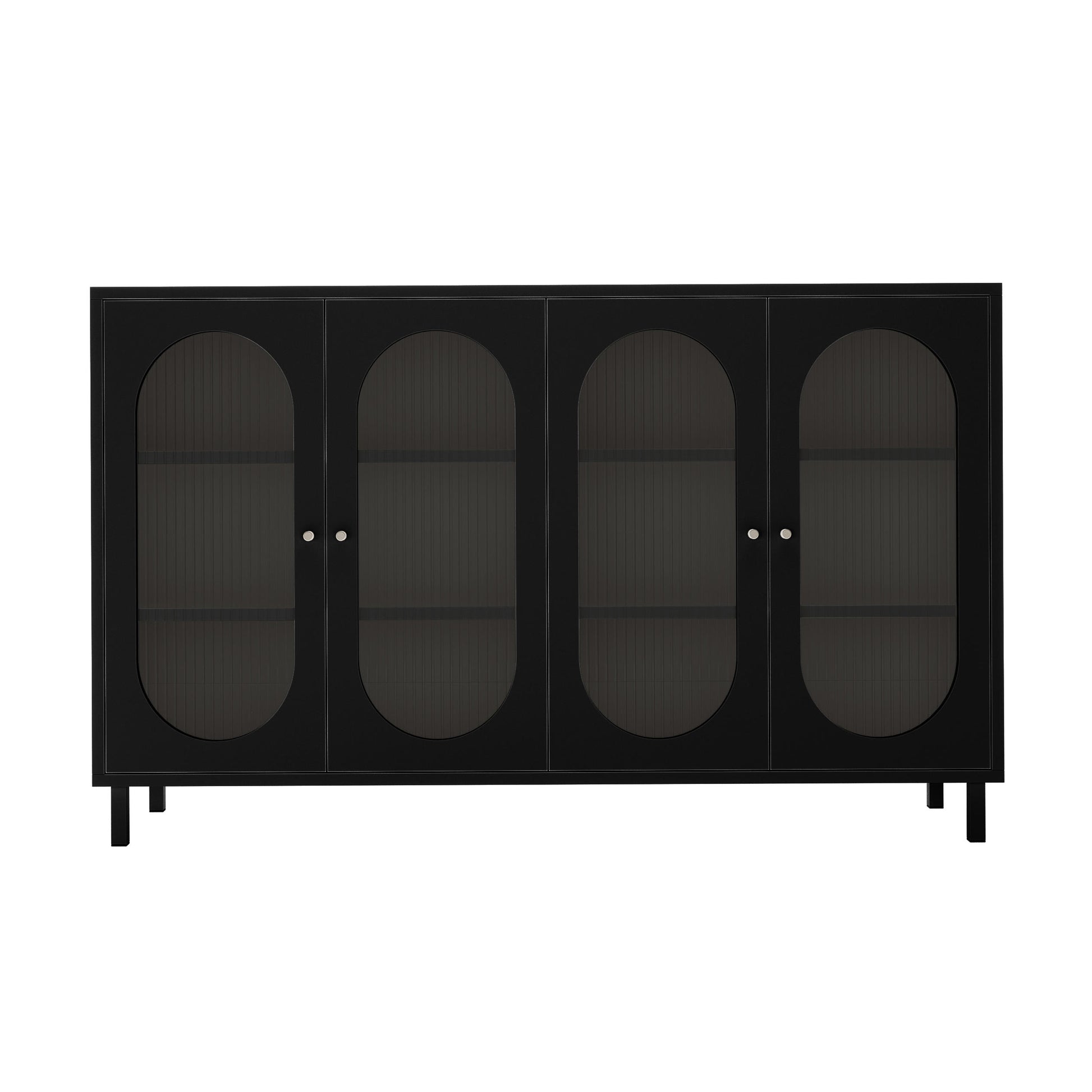 Cambria 150cm Fluted Glass Buffet Cabinet - Black features a modern design with four doors, oval-shaped tinted glass insets, small round knobs, and short square legs, offering spacious interior storage.