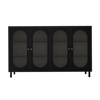 Cambria 150cm Fluted Glass Buffet Cabinet - Black features a modern design with four doors, oval-shaped tinted glass insets, small round knobs, and short square legs, offering spacious interior storage.