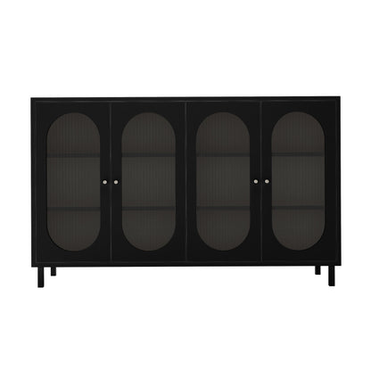 Cambria 150cm Fluted Glass Buffet Cabinet - Black features a modern design with four doors, oval-shaped tinted glass insets, small round knobs, and short square legs, offering spacious interior storage.